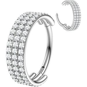 BodyBonita G23 Titanium CZ Nose Rings Hoops – 20G/18G/16G/14G Septum Rings Nose Hoop Clicker Cartilage Earring for Women Helix Rook Tragus Conch Piercing Jewelry Daith Ring Silver/14k Gold Plated(Silver  Triple Hoop)