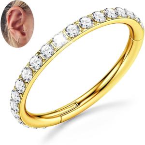 BodyBonita G23 Titanium CZ Nose Rings Hoops – 20G/18G/16G/14G Septum Rings Nose Hoop Clicker Cartilage Earring for Women Helix Rook Tragus Conch Piercing Jewelry Daith Ring Silver/14k Gold Plated(Gold  Clear CZ(5A))