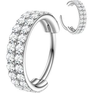 BodyBonita G23 Titanium CZ Nose Rings Hoops – 20G/18G/16G/14G Septum Rings Nose Hoop Clicker Cartilage Earring for Women Helix Rook Tragus Conch Piercing Jewelry Daith Ring Silver/14k Gold Plated(Silver  Double Hoop)