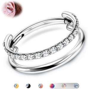 BodyBonita G23 Titanium Cartilage Earring Hoop Stacked Clicker 16G CZ Double/Triple Septum Rings Conch Piercing Jewelry Tragus Daith Helix Nose Rings Hoops for Women Silver/Gold Plated 8mm 10mm 12mm(Double Layers CZ 16G Silver)