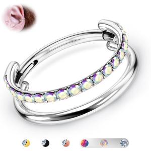 BodyBonita G23 Titanium Cartilage Earring Hoop Stacked Clicker 16G CZ Double/Triple Septum Rings Conch Piercing Jewelry Tragus Daith Helix Nose Rings Hoops for Women Silver/Gold Plated 8mm 10mm 12mm(Double Layers AB CZ 16G Silver)