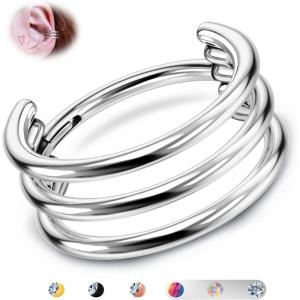BodyBonita G23 Titanium Cartilage Earring Hoop Stacked Clicker 16G CZ Double/Triple Septum Rings Conch Piercing Jewelry Tragus Daith Helix Nose Rings Hoops for Women Silver/Gold Plated 8mm 10mm 12mm(Triple Layers 16G Silver)
