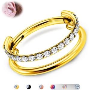 BodyBonita G23 Titanium Cartilage Earring Hoop Stacked Clicker 16G CZ Double/Triple Septum Rings Conch Piercing Jewelry Tragus Daith Helix Nose Rings Hoops for Women Silver/Gold Plated 8mm 10mm 12mm(Double Layers CZ 16G Gold)