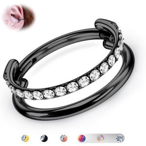BodyBonita G23 Titanium Cartilage Earring Hoop Stacked Clicker 16G CZ Double/Triple Septum Rings Conch Piercing Jewelry Tragus Daith Helix Nose Rings Hoops for Women Silver/Gold Plated 8mm 10mm 12mm(Double Layers CZ 16G Black)
