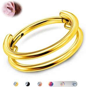 BodyBonita G23 Titanium Cartilage Earring Hoop Stacked Clicker 16G CZ Double/Triple Septum Rings Conch Piercing Jewelry Tragus Daith Helix Nose Rings Hoops for Women Silver/Gold Plated 8mm 10mm 12mm(Double Layers 16G Gold)