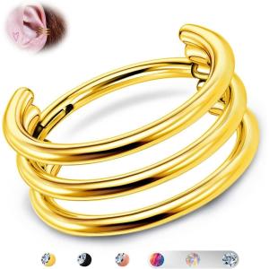 BodyBonita G23 Titanium Cartilage Earring Hoop Stacked Clicker 16G CZ Double/Triple Septum Rings Conch Piercing Jewelry Tragus Daith Helix Nose Rings Hoops for Women Silver/Gold Plated 8mm 10mm 12mm(Triple Layers 16G Gold)