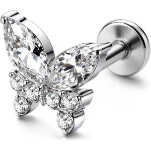 BodyBonita G23 Titanium Flat Back Stud Earrings Piercings – Hypoallergenic 16G Tragus Piercing Jewelry Helix Medusa Monroe Labret Lip Conch Earring 8mm(Silver-Butterfly)