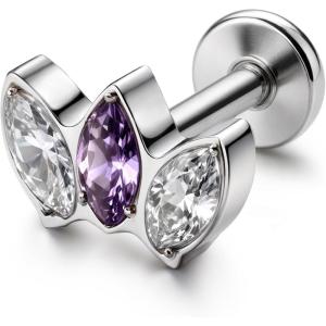 BodyBonita G23 Titanium Flat Back Stud Earrings Piercings – Hypoallergenic 16G Tragus Piercing Jewelry Helix Medusa Monroe Labret Lip Conch Earring 8mm(Silver-Purple CZ)