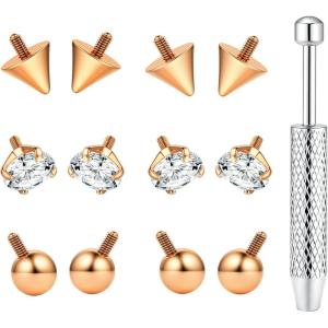 BodyBonita G23 Titanium Horseshoe Nose Rings Septum 16G with Threaded Piercing Taper/Pick Up Tool/Replacement Balls for Piercings – Circular Barbell/Spike Lip Piercing Helix Daith Jewelry for Women(RoseGold-ReplacementMixed)