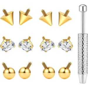 BodyBonita G23 Titanium Horseshoe Nose Rings Septum 16G with Threaded Piercing Taper/Pick Up Tool/Replacement Balls for Piercings – Circular Barbell/Spike Lip Piercing Helix Daith Jewelry for Women(Gold-ReplacementMixed)