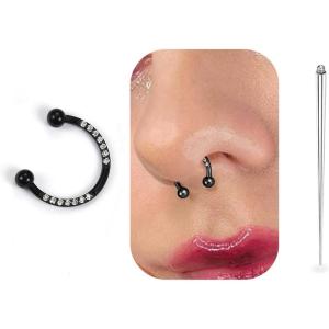BodyBonita G23 Titanium Horseshoe Nose Rings Septum 16G with Threaded Piercing Taper/Pick Up Tool/Replacement Balls for Piercings – Circular Barbell/Spike Lip Piercing Helix Daith Jewelry for Women(Black-HorseshoeRing)