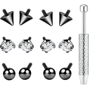 BodyBonita G23 Titanium Horseshoe Nose Rings Septum 16G with Threaded Piercing Taper/Pick Up Tool/Replacement Balls for Piercings – Circular Barbell/Spike Lip Piercing Helix Daith Jewelry for Women(Black-ReplacementMixed)