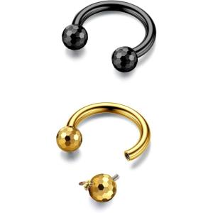 BodyBonita G23 Titanium Horseshoe Septum Rings – 2/3pcs Nose Rings Circular Barbell Spikes Septum Jewelry Nose Piercing Jewelry Conch Helix Rook Lip Cartilage Earring Men Gold Plated/Silver/Black(Gold and Black-2pcs)