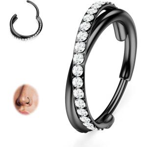 BodyBonita G23 Titanium Nose Rings Hoops – AB/Rainbow/Clear CZ Nose Piercings 16/18/20G Septum Rings Cartilage Helix Rook Tragus Lobe Daith Earrings Body Jewelry for Women Men 6/7/8/9/10/11/12mm(Black  Duo Hoop  20G)