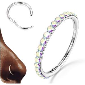 BodyBonita G23 Titanium Nose Rings Hoops – AB/Rainbow/Clear CZ Nose Piercings 16/18/20G Septum Rings Cartilage Helix Rook Tragus Lobe Daith Earrings Body Jewelry for Women Men 6/7/8/9/10/11/12mm(Silver  AB CZ(5A)  20G)