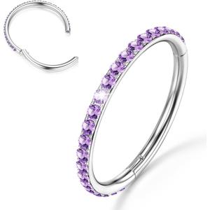 BodyBonita G23 Titanium Nose Rings Hoops – AB/Rainbow/Clear CZ Nose Piercings 16/18/20G Septum Rings Cartilage Helix Rook Tragus Lobe Daith Earrings Body Jewelry for Women Men 6/7/8/9/10/11/12mm(Silver  Purple CZ(5A)  16G/18G)