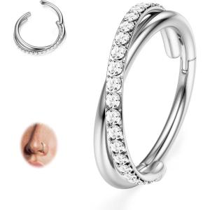 BodyBonita G23 Titanium Nose Rings Hoops – AB/Rainbow/Clear CZ Nose Piercings 16/18/20G Septum Rings Cartilage Helix Rook Tragus Lobe Daith Earrings Body Jewelry for Women Men 6/7/8/9/10/11/12mm(Silver  Duo Hoop  16G/18G)