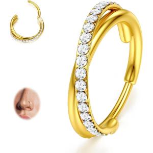 BodyBonita G23 Titanium Nose Rings Hoops – AB/Rainbow/Clear CZ Nose Piercings 16/18/20G Septum Rings Cartilage Helix Rook Tragus Lobe Daith Earrings Body Jewelry for Women Men 6/7/8/9/10/11/12mm(Gold  Duo Hoop  20G)