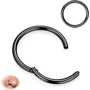 BodyBonita Hinged Nose Rings Hoops – 316L Surgical Steel Nose Piercing Jewelry Septum Clicker Lip Rings Cartilage Helix Daith Conch Tragus Rook Gold Plated/Silver/Black/Rose Gold Plated/Blue/Rainbow(Black)