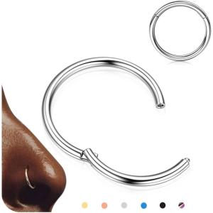 BodyBonita Hinged Nose Rings Hoops – 316L Surgical Steel Nose Piercing Jewelry Septum Clicker Lip Rings Cartilage Helix Daith Conch Tragus Rook Gold Plated/Silver/Black/Rose Gold Plated/Blue/Rainbow(Silver)