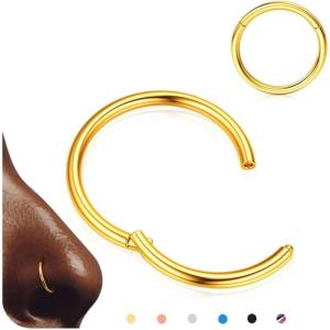 BodyBonita Hinged Nose Rings Hoops – 316L Surgical Steel Nose Piercing Jewelry Septum Clicker Lip Rings Cartilage Helix Daith Conch Tragus Rook Gold Plated/Silver/Black/Rose Gold Plated/Blue/Rainbow(Gold)