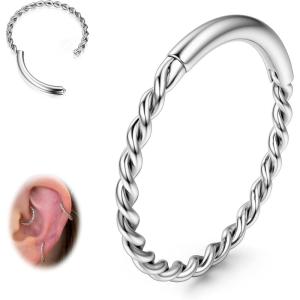BodyBonita Hinged Nose Rings Hoops – 316L Surgical Steel Twisted Seamless Clicker Cartilage Earrings Septum Rings Jewelry Conch Piercing Tragus Rook Daith Helix Women Gold Plated/Black/Silver 16G/18G(Silver-Openwork Braided)
