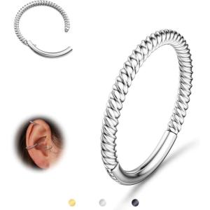 BodyBonita Hinged Nose Rings Hoops – 316L Surgical Steel Twisted Seamless Clicker Cartilage Earrings Septum Rings Jewelry Conch Piercing Tragus Rook Daith Helix Women Gold Plated/Black/Silver 16G/18G(Silver-Braided)