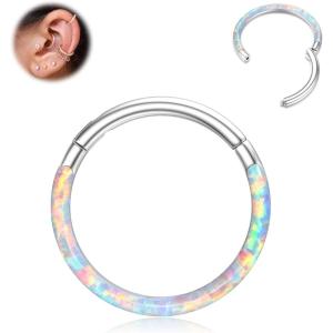 BodyBonita Hinged Opal Nose Rings Hoops – 16G/18G/20G 316L Surgical Steel Hinged Hoop Nose Rings Septum Rings Conch Helix Daith Piercing Jewelry Purple/Pink/Blue/White 10mm/8mm Silver/Gold Plated(White Opal)