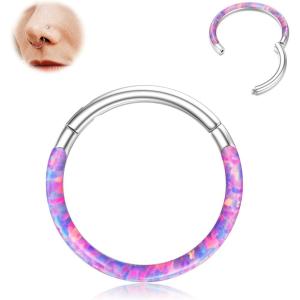 BodyBonita Hinged Opal Nose Rings Hoops – 16G/18G/20G 316L Surgical Steel Hinged Hoop Nose Rings Septum Rings Conch Helix Daith Piercing Jewelry Purple/Pink/Blue/White 10mm/8mm Silver/Gold Plated(Purple Opal)