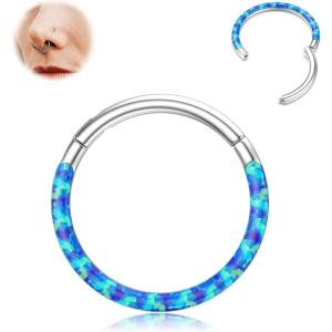 BodyBonita Hinged Opal Nose Rings Hoops – 16G/18G/20G 316L Surgical Steel Hinged Hoop Nose Rings Septum Rings Conch Helix Daith Piercing Jewelry Purple/Pink/Blue/White 10mm/8mm Silver/Gold Plated(Blue Opal)