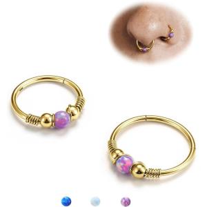 BodyBonita Opal Nose Rings Hoops – 316L Surgical Steel Septum Ring for Women Conch Piercing Jewelry Daith Helix 2Pcs 16G 18G(Gold-Purple Opal)