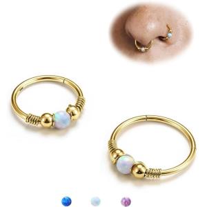 BodyBonita Opal Nose Rings Hoops – 316L Surgical Steel Septum Ring for Women Conch Piercing Jewelry Daith Helix 2Pcs 16G 18G(Gold-White Opal)