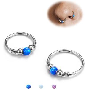 BodyBonita Opal Nose Rings Hoops – 316L Surgical Steel Septum Ring for Women Conch Piercing Jewelry Daith Helix 2Pcs 16G 18G(Silver-Blue Opal)
