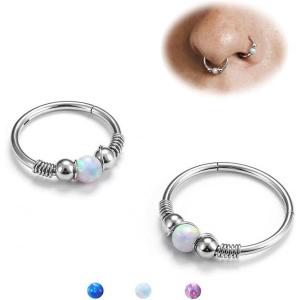 BodyBonita Opal Nose Rings Hoops – 316L Surgical Steel Septum Ring for Women Conch Piercing Jewelry Daith Helix 2Pcs 16G 18G(Silver-White Opal)