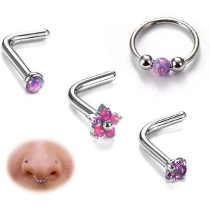 BodyBonita Opal Nose Rings for Women – 316L Surgical Steel Nose Hoops Piercing 20G 18G 16G Septum Rings L Shaped Nose Studs Jewelry Cartilage Conch Daith Helix Tragus Earrings 8/9/10mm 4Pcs 4Pcs(Purple Opal)