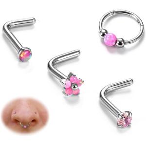 BodyBonita Opal Nose Rings for Women – 316L Surgical Steel Nose Hoops Piercing 20G 18G 16G Septum Rings L Shaped Nose Studs Jewelry Cartilage Conch Daith Helix Tragus Earrings 8/9/10mm 4Pcs 4Pcs(Pink Opal)