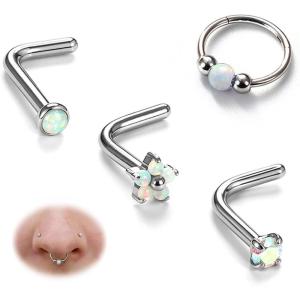 BodyBonita Opal Nose Rings for Women – 316L Surgical Steel Nose Hoops Piercing 20G 18G 16G Septum Rings L Shaped Nose Studs Jewelry Cartilage Conch Daith Helix Tragus Earrings 8/9/10mm 4Pcs 4Pcs(White Opal)