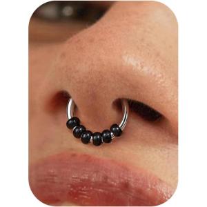 BodyBonita Septum Rings 16G – 316L Stainless Steel Nose Rings Hoops for Women Septum Piercing Jewelry 8mm 10mm(Noir Orbit-Silver)