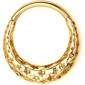 BodyBonita Septum Rings Jewelry 16G, 316L Stainless Steel Nose Rings Hoops for Women Men, Star Nostril Piercing 8 mm 10 mm 14K Gold Plated/Silver(Gold-Carving stars)
