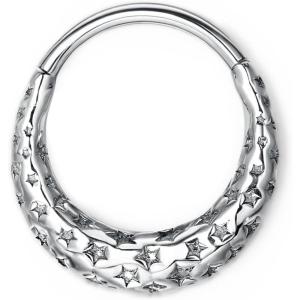 BodyBonita Septum Rings Jewelry 16G, 316L Stainless Steel Nose Rings Hoops for Women Men, Star Nostril Piercing 8 mm 10 mm 14K Gold Plated/Silver(Silver-Carving stars)