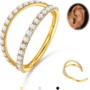 BodyBonita Triple/Double Hoop Nose Ring – G23 Titanium Septum Rings 16/18/20G CZ Nose Piercings Jewelry Conch Helix Daith Rook Tragus Cartilage Earring Hinged Nostril Piercing Gold Plated/Black/Silver(14k Gold Plated-CZ Double Hoop)