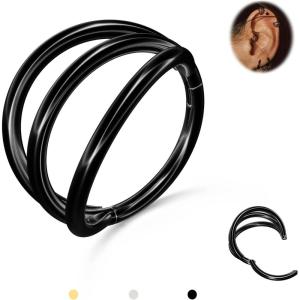 BodyBonita Triple/Double Hoop Nose Ring – G23 Titanium Septum Rings 16/18/20G CZ Nose Piercings Jewelry Conch Helix Daith Rook Tragus Cartilage Earring Hinged Nostril Piercing Gold Plated/Black/Silver(Black-Triple Hoop)