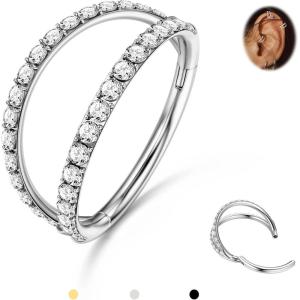 BodyBonita Triple/Double Hoop Nose Ring – G23 Titanium Septum Rings 16/18/20G CZ Nose Piercings Jewelry Conch Helix Daith Rook Tragus Cartilage Earring Hinged Nostril Piercing Gold Plated/Black/Silver(Silver-CZ Double Hoop)