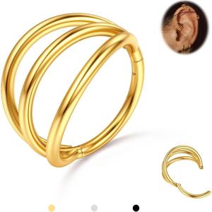 BodyBonita Triple/Double Hoop Nose Ring – G23 Titanium Septum Rings 16/18/20G CZ Nose Piercings Jewelry Conch Helix Daith Rook Tragus Cartilage Earring Hinged Nostril Piercing Gold Plated/Black/Silver(14k Gold Plated-Triple Hoop)