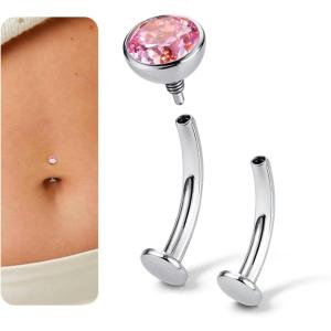 BodyBonita Upgraded Wearability Floating Belly Button Ring, G23 Titanium Internally Threaded Belly Button Piercing 14G, Curved Barbell Belly Rings, Pink Clear CZ Navel Rings with 10mm and 12mm Bar, Silver Gold Plated(Silver Pink CZ)