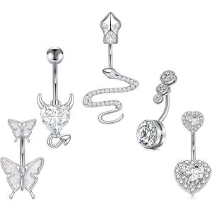 Incaton 14G 5Pcs Belly Button Rings for Women Stainless Steel Snake Butterfly Devil Heart Clear CZ Curved Barbell Navel Rings Piercing