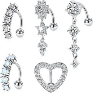 Incaton 14G 5Pcs Reverse Belly Button Rings Stainless Steel Dangle Belly Rings for Women Heart Reverse Navel Rings Piercing Jewelry
