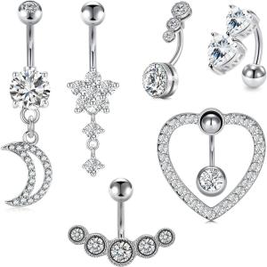 Incaton 14G 6Pcs Belly Button Rings Stainless Steel Reverse Heart Belly Rings Dangle Moon Navel Rings for Women Belly Piercing Jewelry
