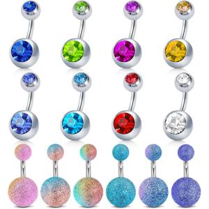 Incaton 14G 6mm Short Bar Belly Button Ring Stainless Steel Belly Rings Butterfly Round Cubic Zirconia Navel Barbell Body Piercing (14pcs)