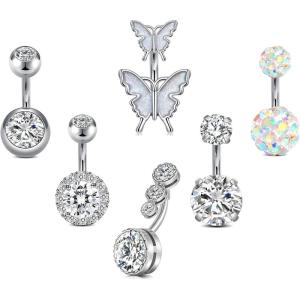 Incaton 14G 6mm Short Bar Belly Button Ring Stainless Steel Belly Rings Butterfly Round Cubic Zirconia Navel Barbell Body Piercing